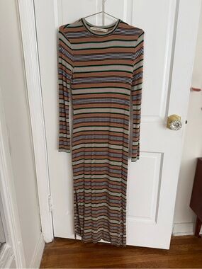 SHADES OF GREY BY MICAH COHEN Striped Maxi Dress in Tan, Green & Black